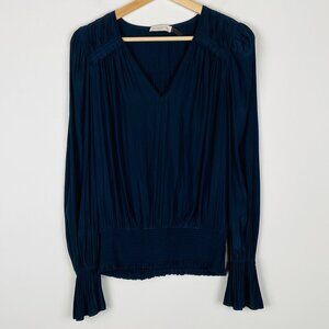 Ramy Brook Navy Belen Smocked Balloon Sleeve Pleated Top, Size S